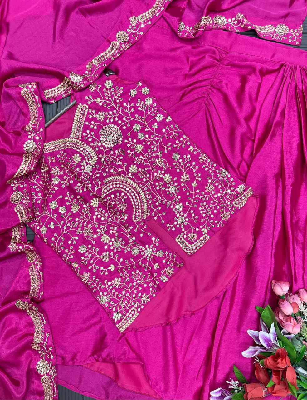 3-Piece Wine Color Sharara Suit with Heavy Embroidered Shrug and Crop Top