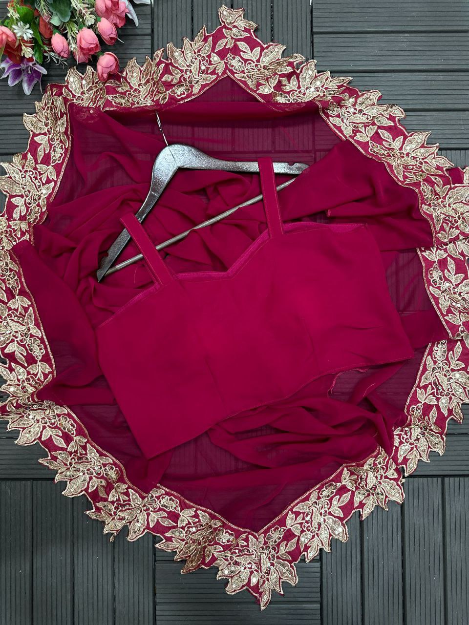 3-Piece Wine Color Sharara Suit with Heavy Embroidered Shrug and Crop Top