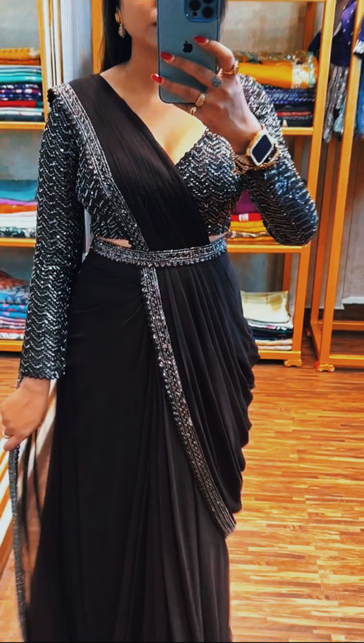 Embroidered Sequin Jacket with Ready-to-Wear Saree and Belt