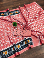 Ikkat Hand Block Print Mulmul Cotton Saree