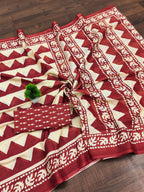 Pure Mulmul Cotton Zigzag Hand Block Printed Saree with Blouse Piece