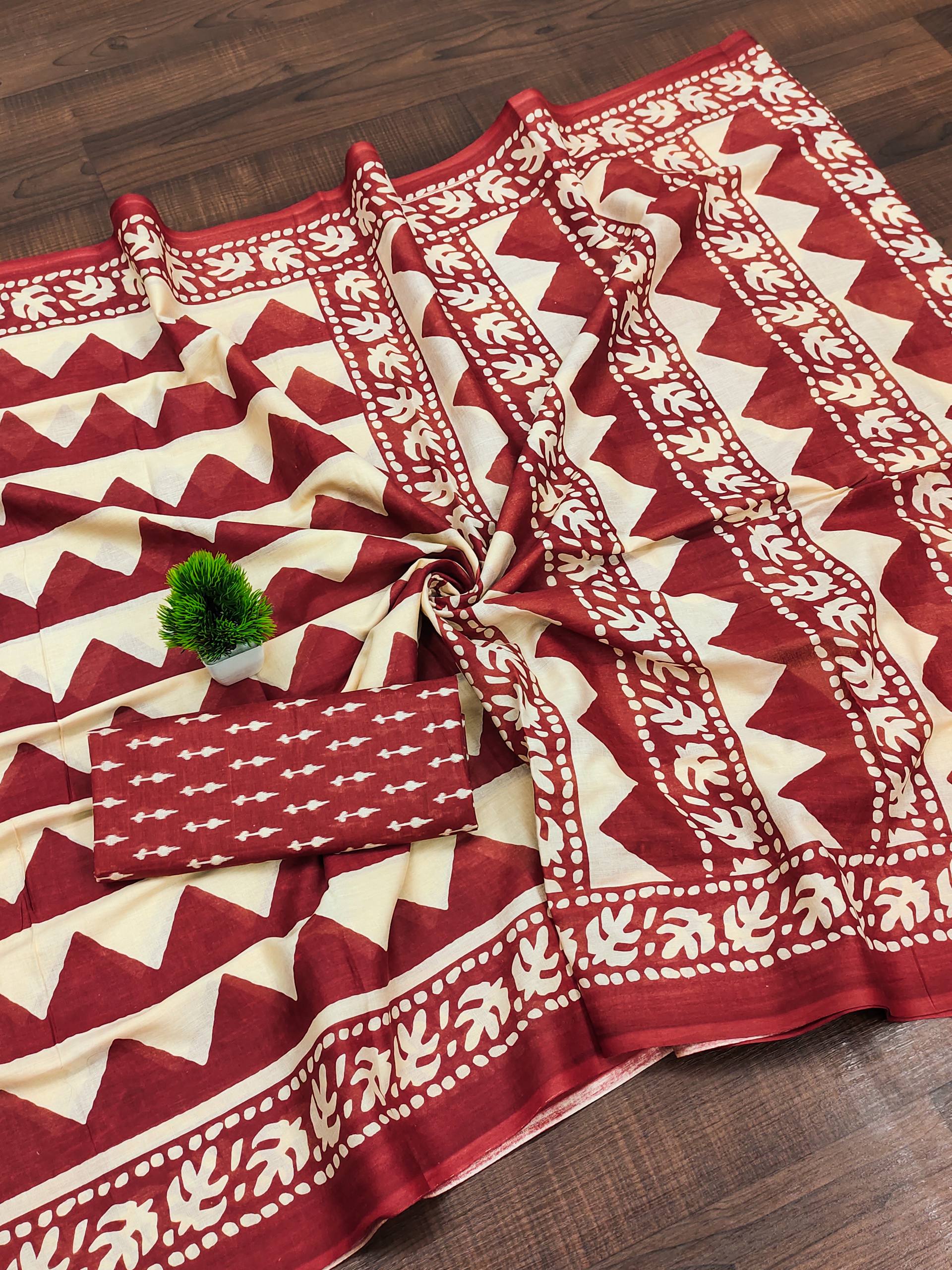 Pure Mulmul Cotton Zigzag Hand Block Printed Saree with Blouse Piece