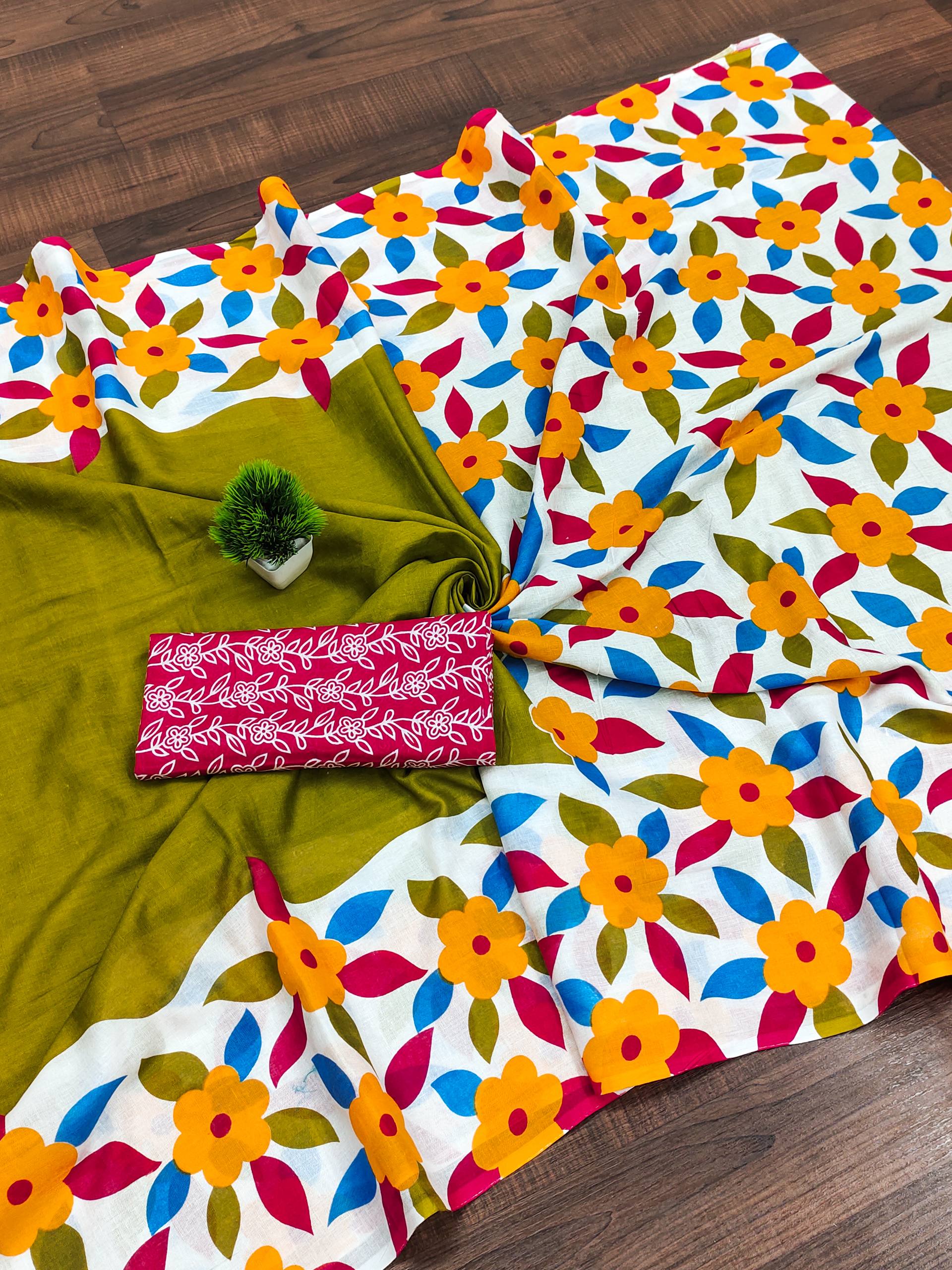 Classic Floral Block Print Mulmul Cotton Saree
