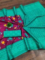 Mulmul Cotton Bandhani Saree with Flower Block Print