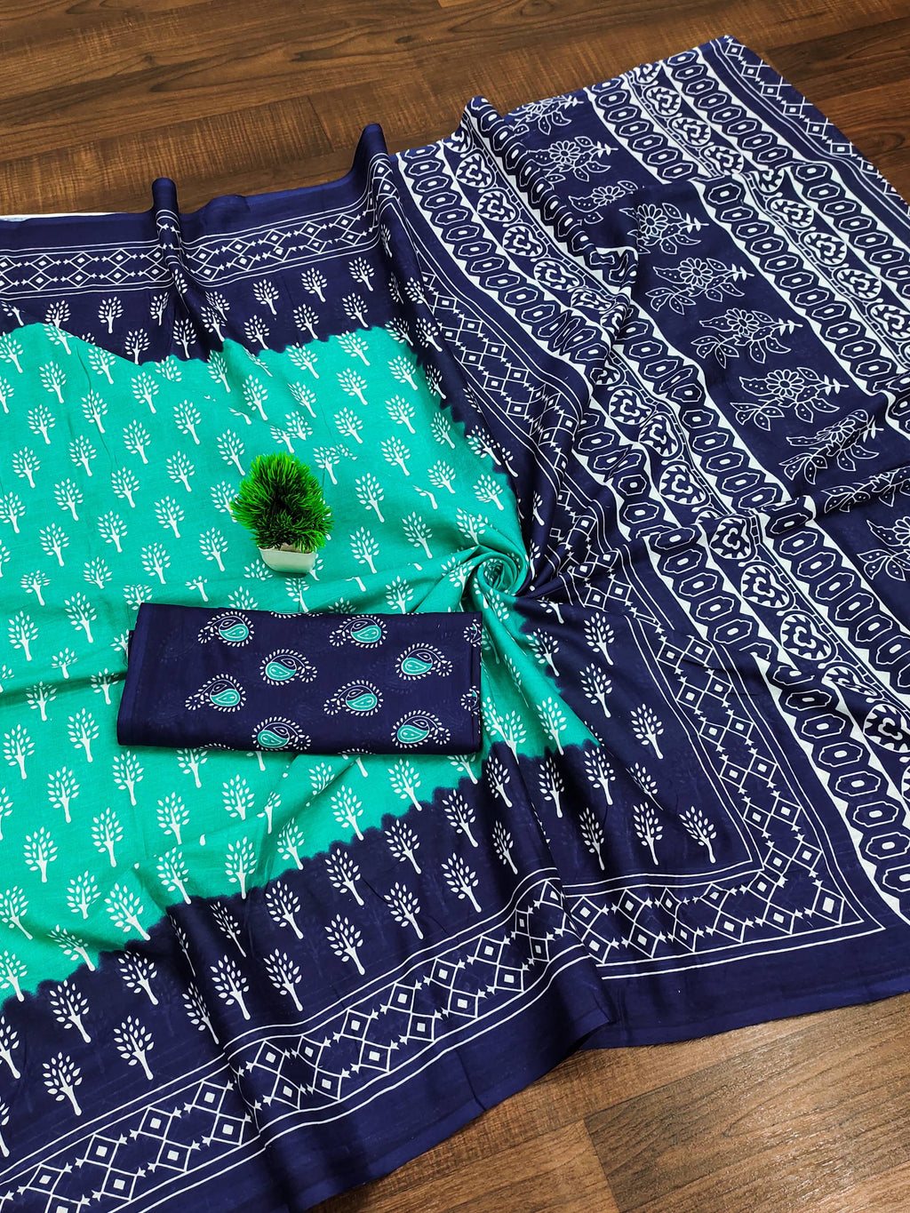 Ikkat Hand Block Print Mulmul Cotton Saree