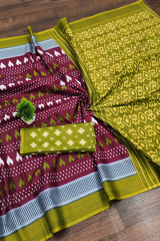 Classic Mulmul Cotton Saree with Ikkat Hand Block Print