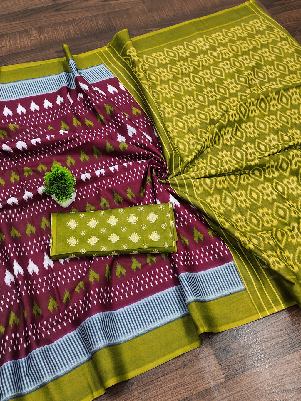 Classic Mulmul Cotton Saree with Ikkat Hand Block Print