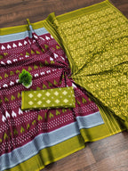 Classic Mulmul Cotton Saree with Ikkat Hand Block Print