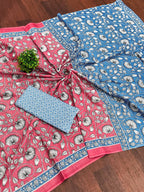 Classic Mulmul Cotton  Floral Hand Block Print Saree