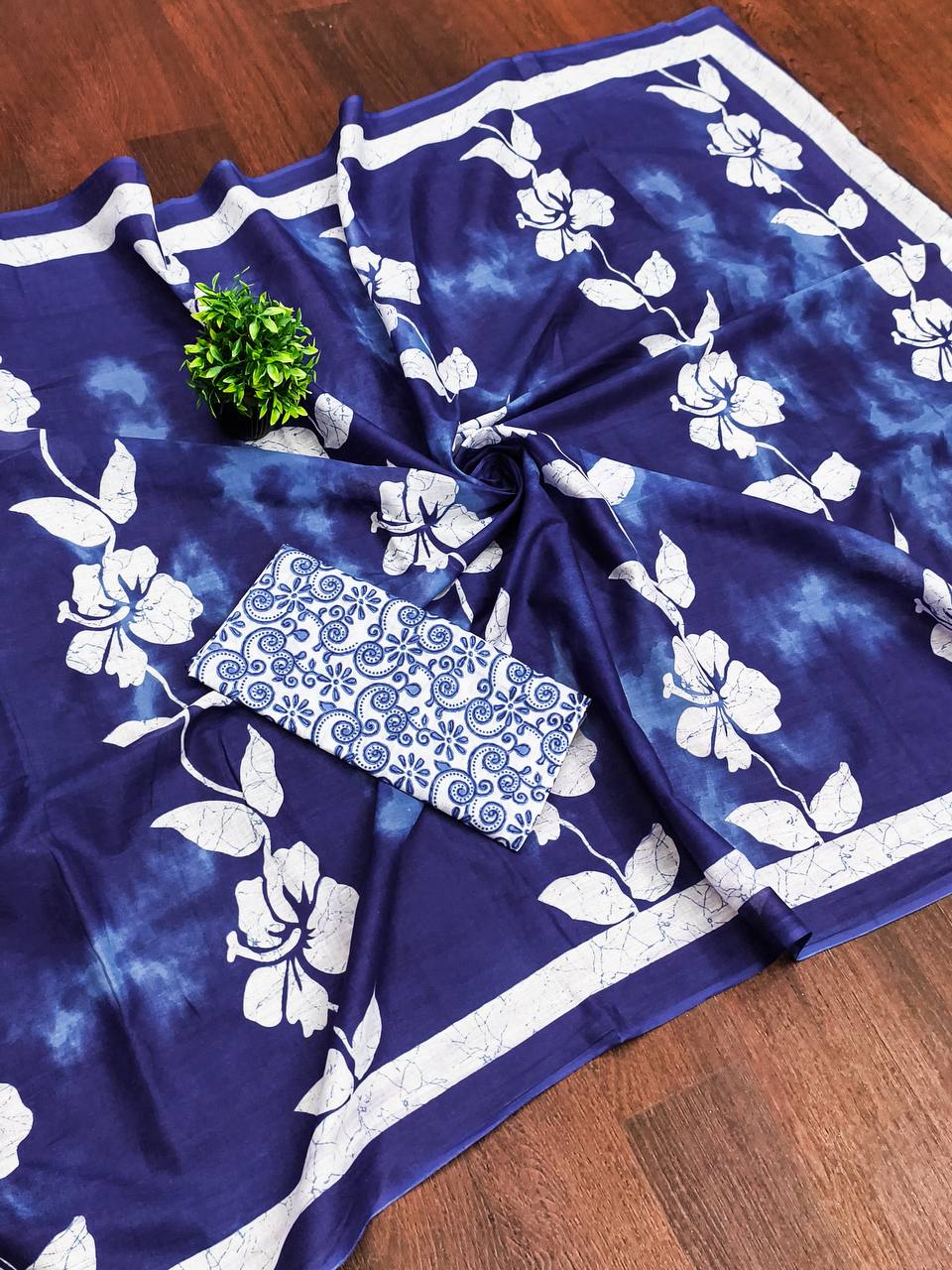 Floral Hand Block Print Classic Mulmul Cotton Saree