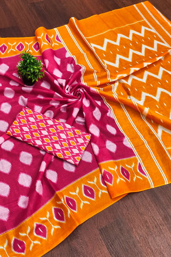 Women's Mulmul Cotton Ikkat Hand Block Print Saree