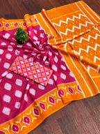 Women's Mulmul Cotton Ikkat Hand Block Print Saree