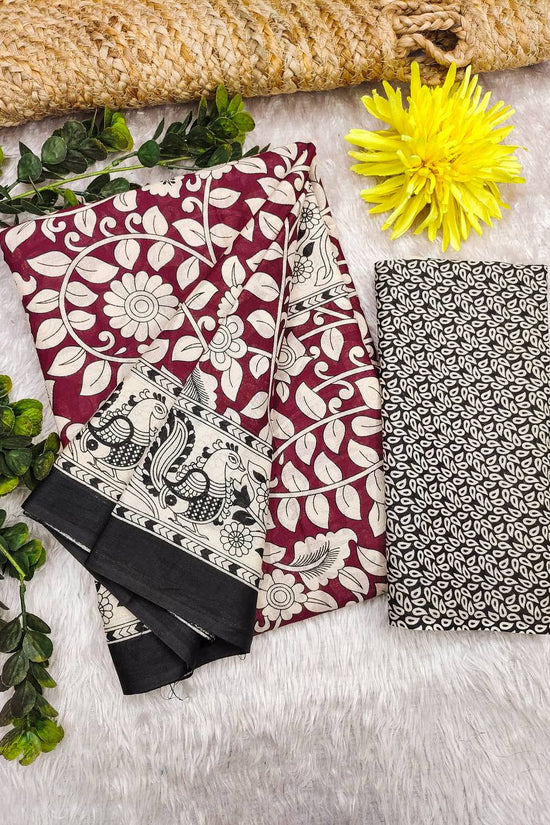 Woman's Kalamkari Hand Block Print Saree with Mulmul Cotton