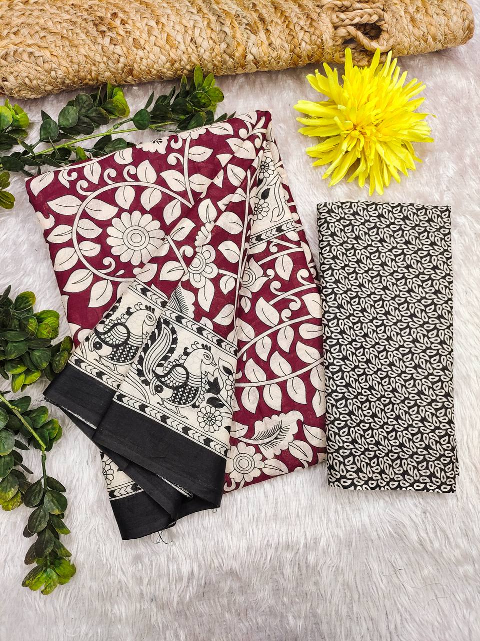 Woman's Kalamkari Hand Block Print Saree with Mulmul Cotton