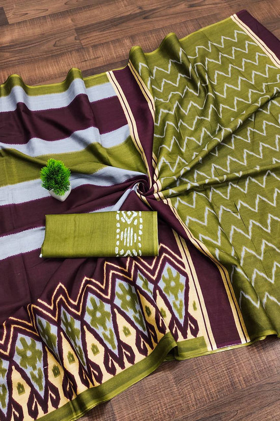 Mulmul Cotton Ikkat Hand Block Print Saree