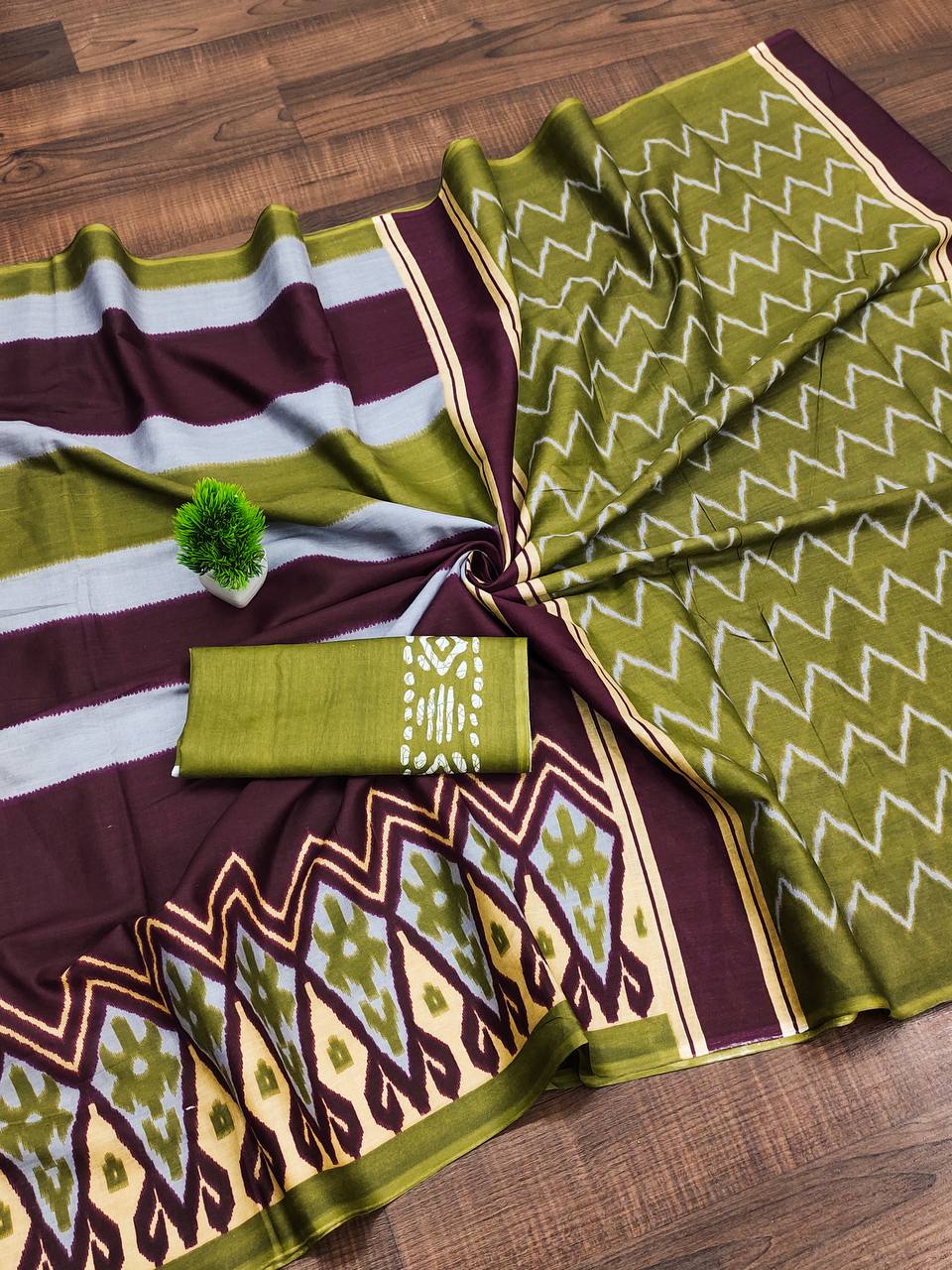 Mulmul Cotton Ikkat Hand Block Print Saree