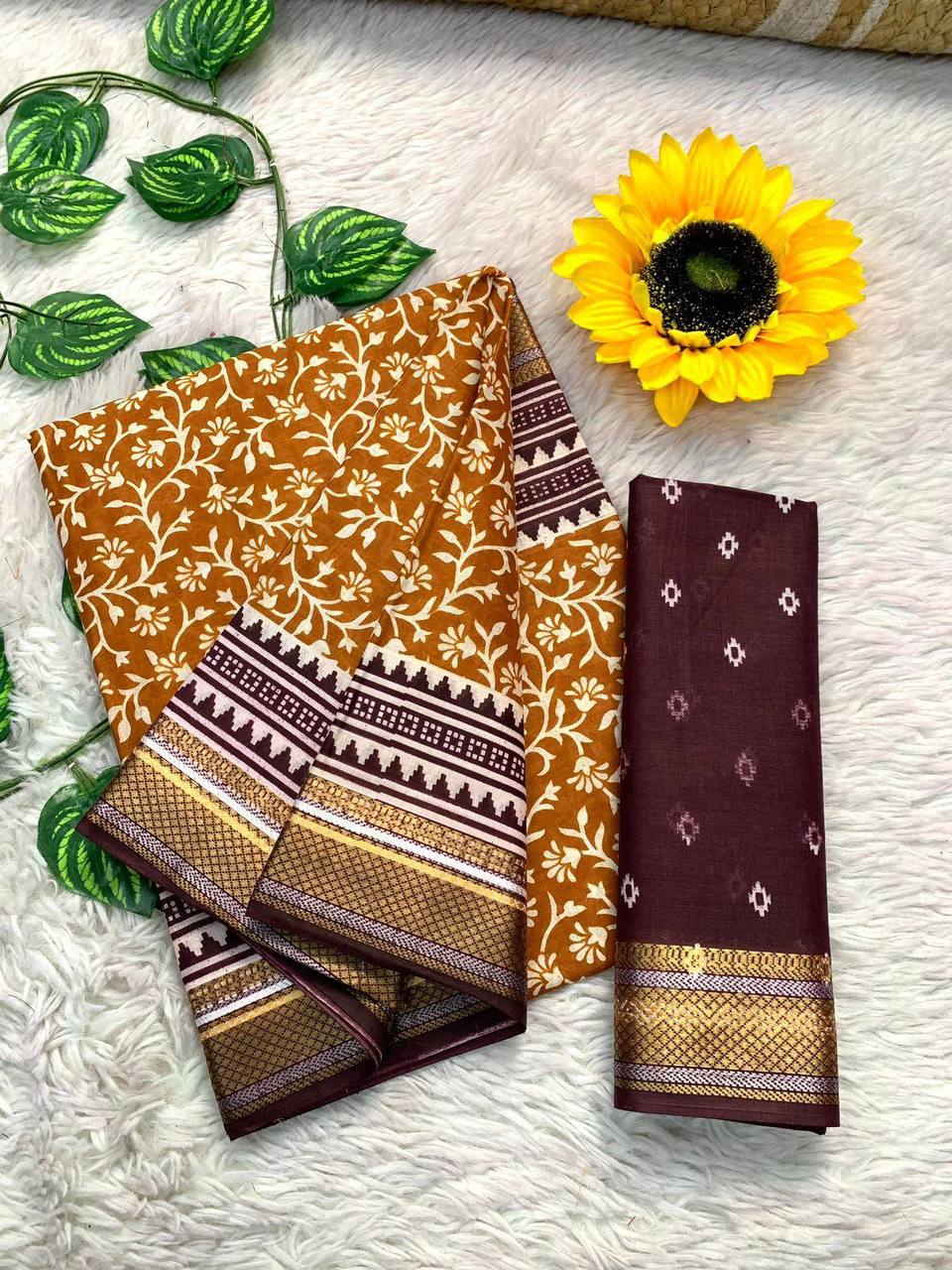 Ajrakh Printed Elegance Mulmul Cotton Zari Border Saree