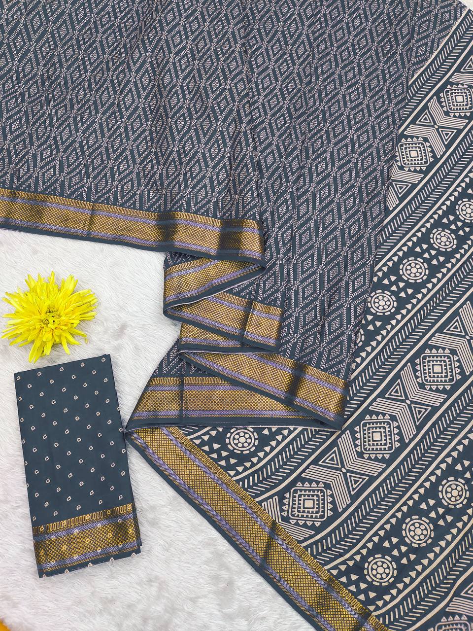 Bandhni Printed Elegance Mulmul Cotton Zari Border Saree