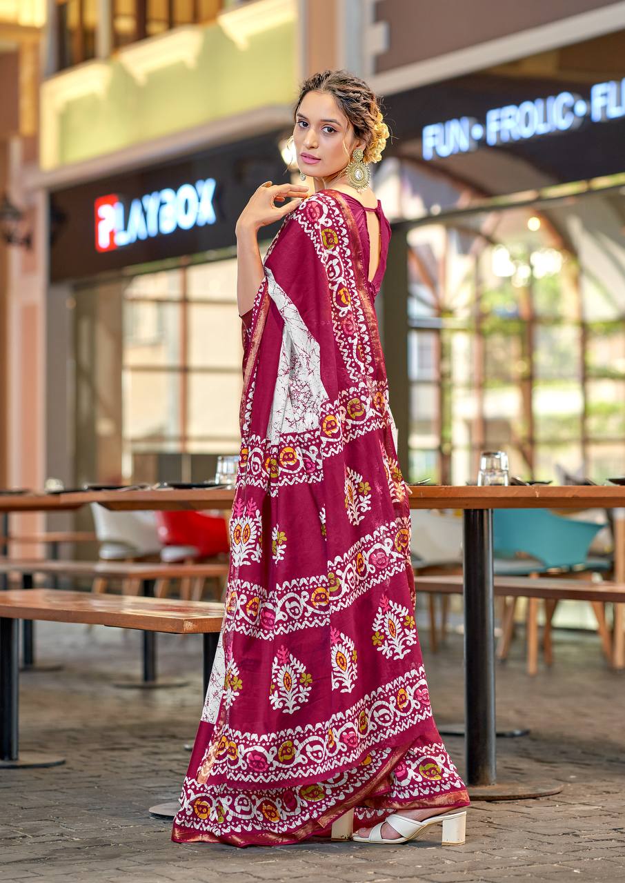 Elegance Mulmul Cotton Zari Border Printed Saree