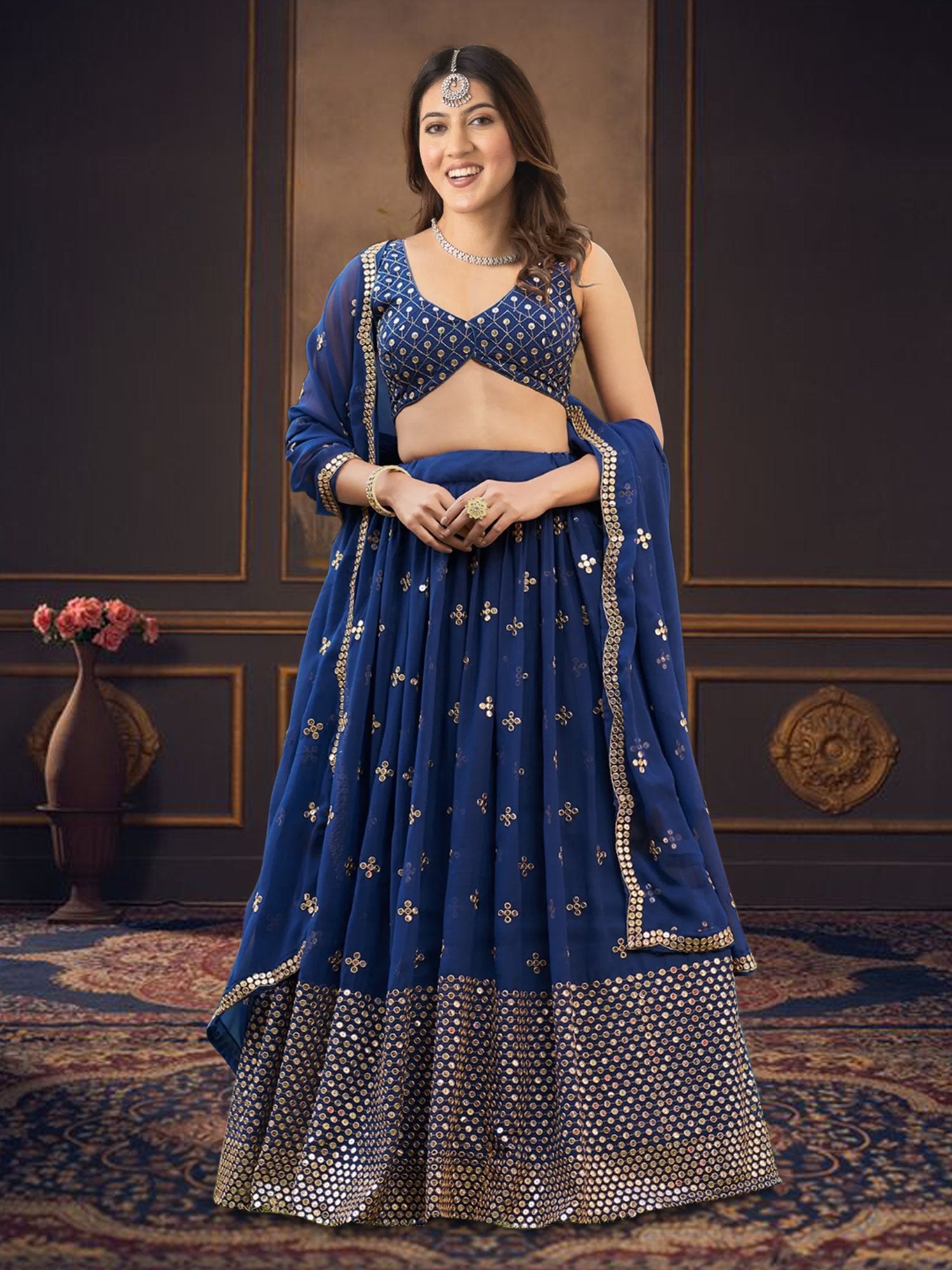 Georgette Embroidered Zari Cutwork Lehenga with Dupatta Set