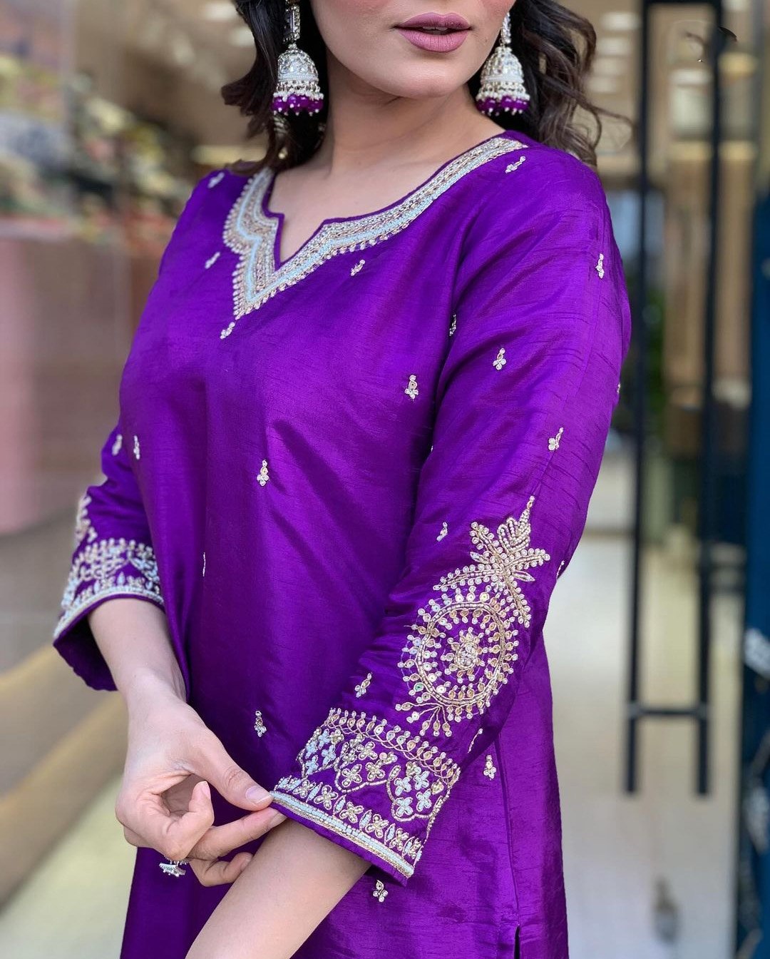 Purple Chinnon Embroidered Kurta with Pant and Dupatta Set