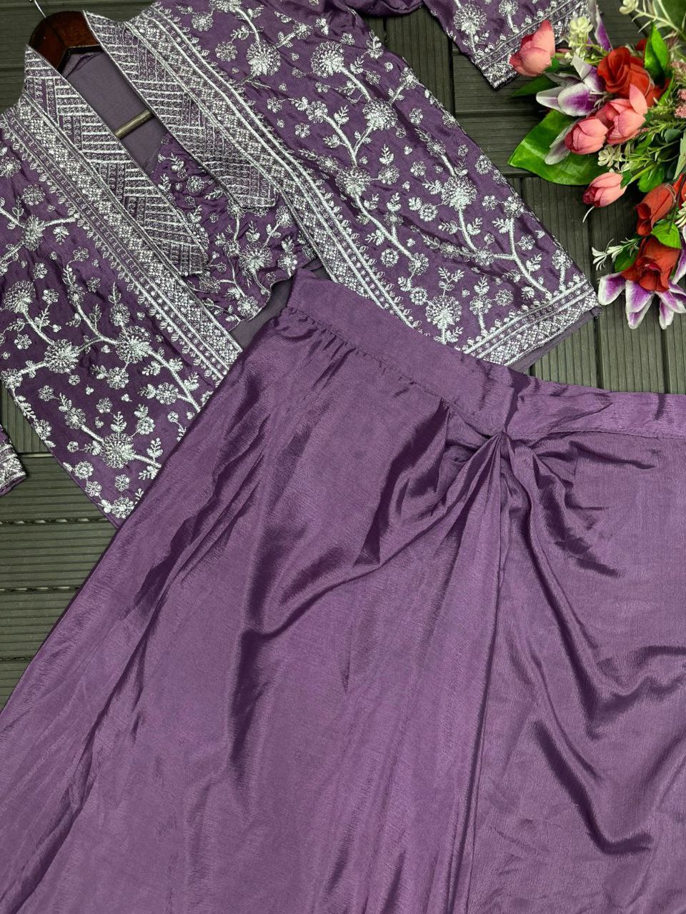 Embroidered Indo-Western Draped Skirt & Crop Top with Blazer Jacket