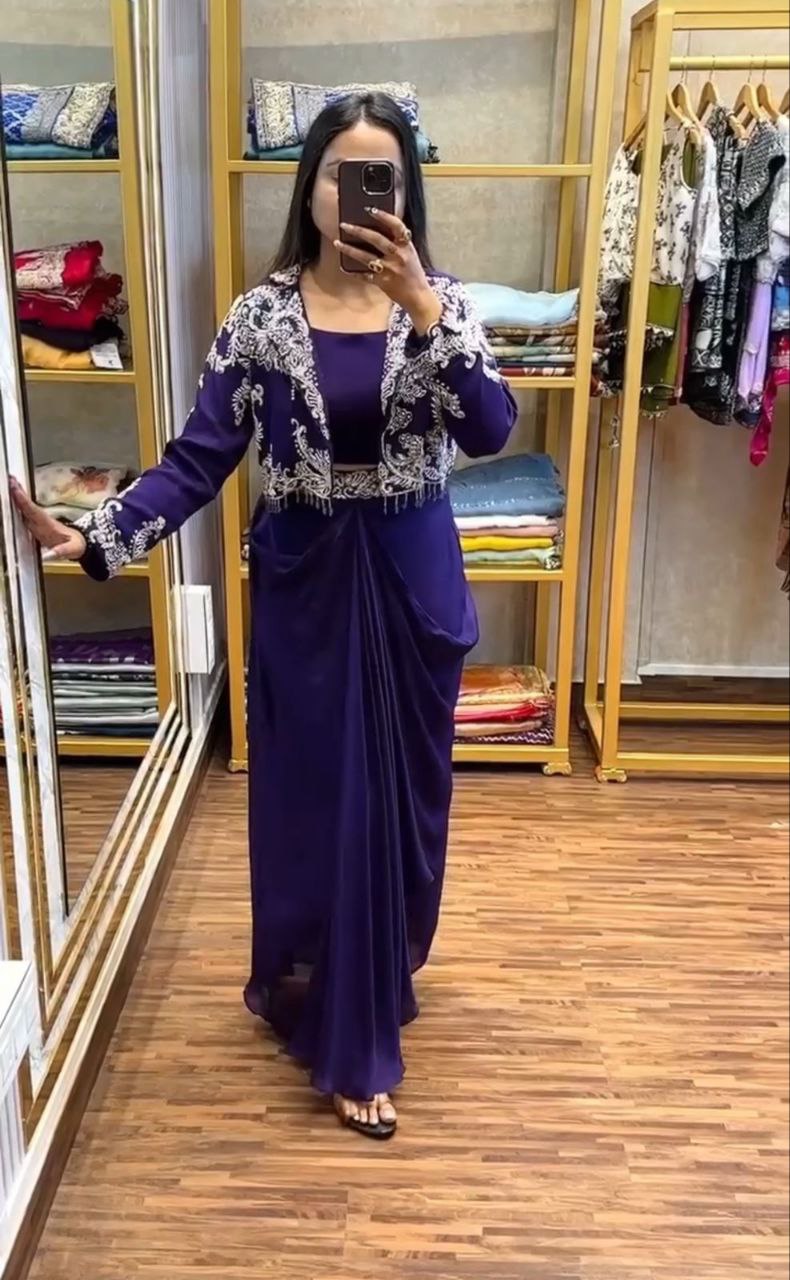 Indo-Western Draped Skirt & Crop Top with Embroidered Blazer Jacket