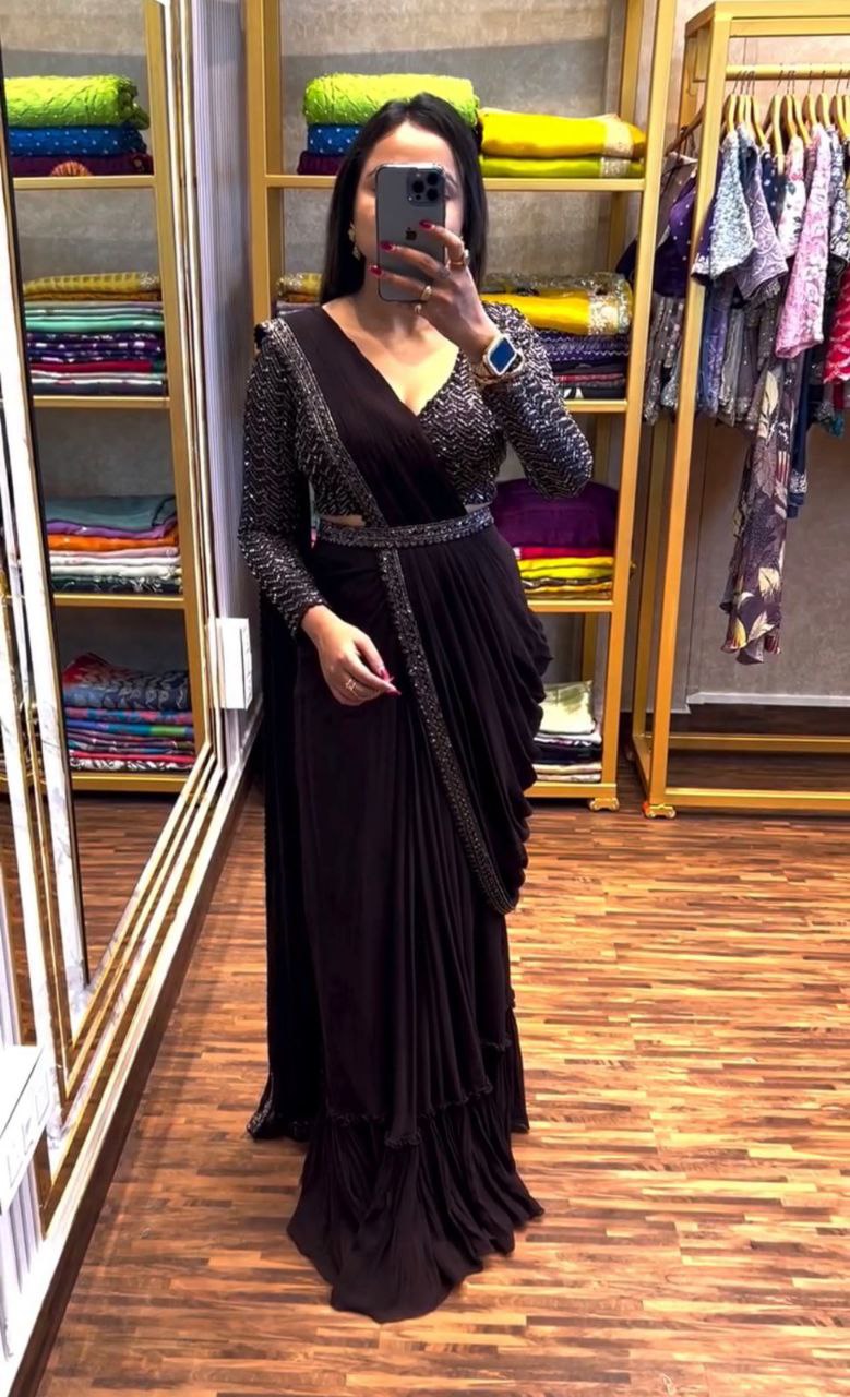 Embroidered Sequin Jacket with Ready-to-Wear Saree and Belt