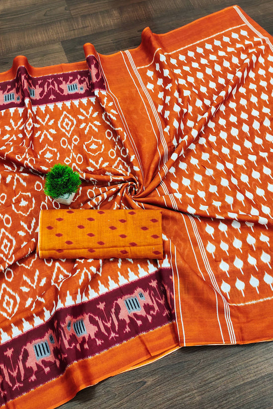 Ikkat Hand Block Print Mulmul Cotton Saree
