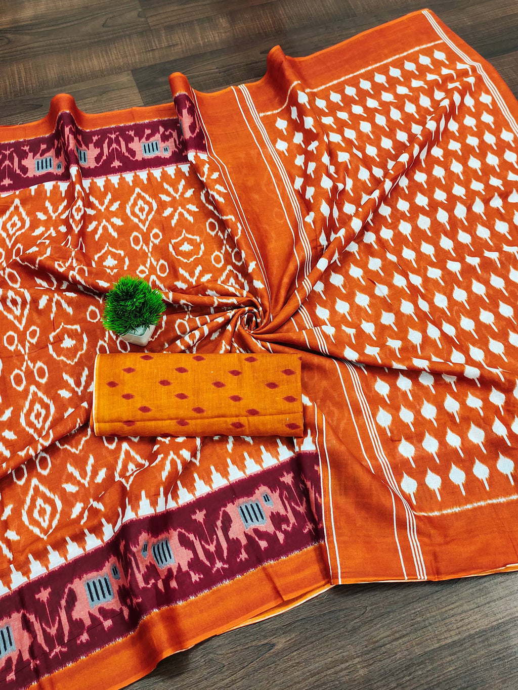 Ikkat Hand Block Print Mulmul Cotton Saree