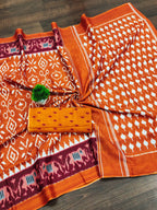 Ikkat Hand Block Print Mulmul Cotton Saree
