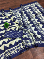 Pure Mulmul Cotton Zigzag Hand Block Printed Saree with Blouse Piece