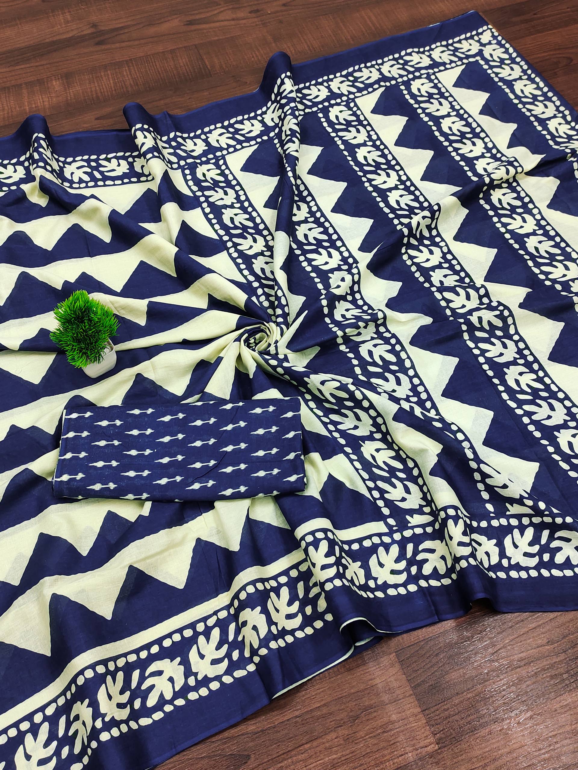Pure Mulmul Cotton Zigzag Hand Block Printed Saree with Blouse Piece