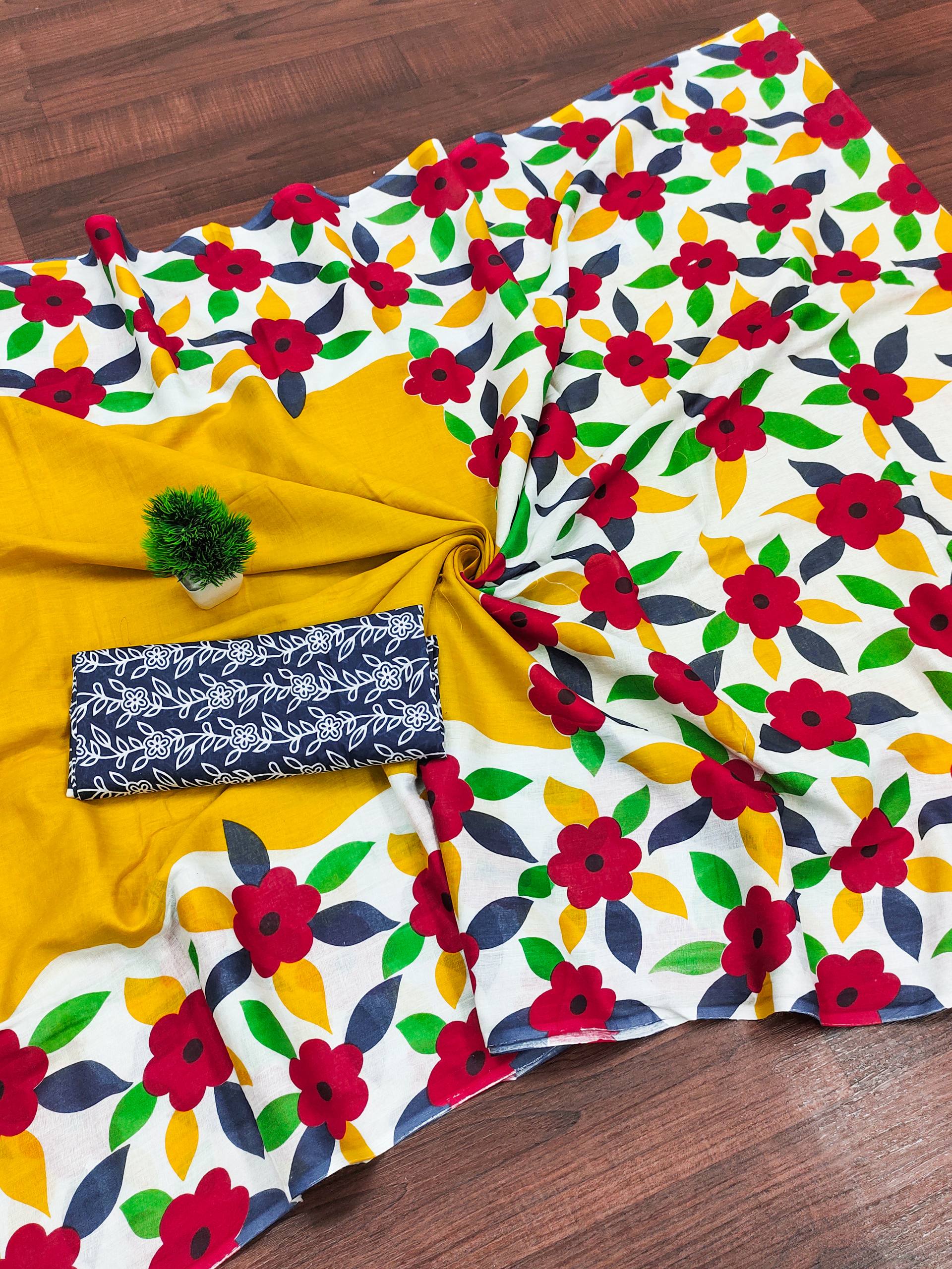 Classic Floral Block Print Mulmul Cotton Saree