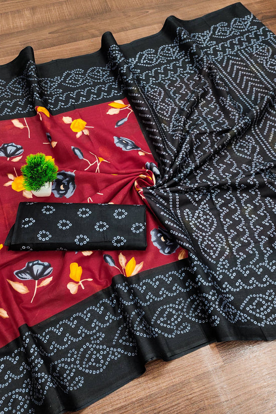 Mulmul Cotton Bandhani Saree with Flower Block Print