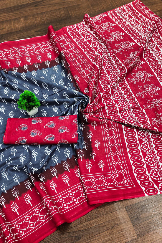 Ikkat Hand Block Print Mulmul Cotton Saree