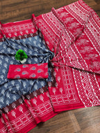 Ikkat Hand Block Print Mulmul Cotton Saree