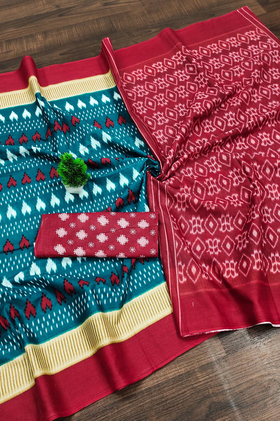 Classic Mulmul Cotton Saree with Ikkat Hand Block Print