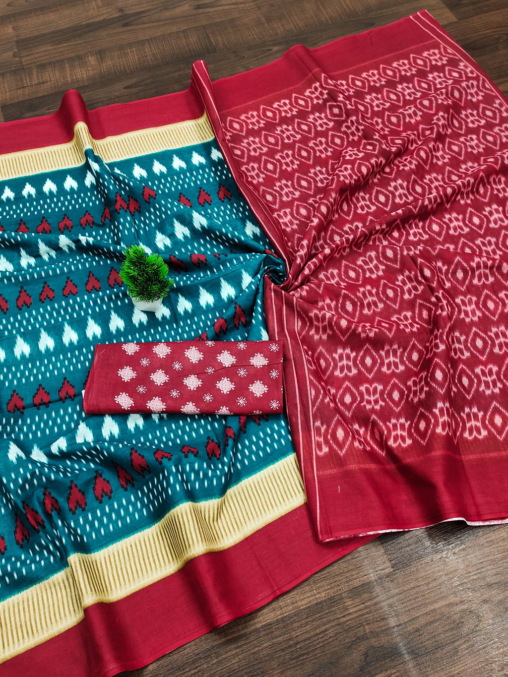 Classic Mulmul Cotton Saree with Ikkat Hand Block Print