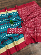 Classic Mulmul Cotton Saree with Ikkat Hand Block Print