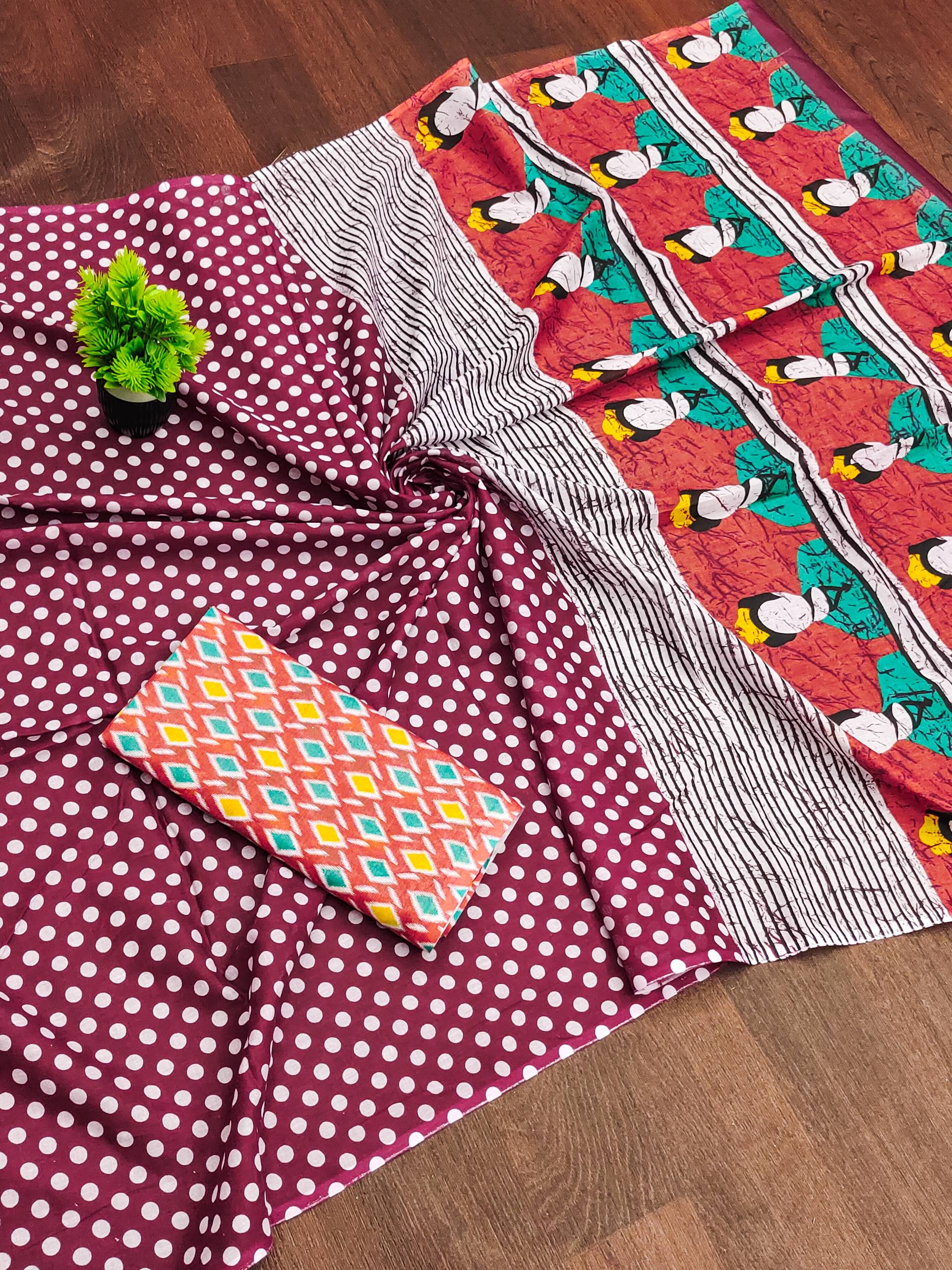 Polka Dot Printed Mulmul Cotton Saree for Woman