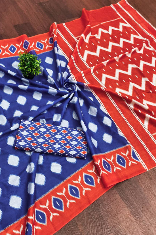 Women's Mulmul Cotton Ikkat Hand Block Print Saree