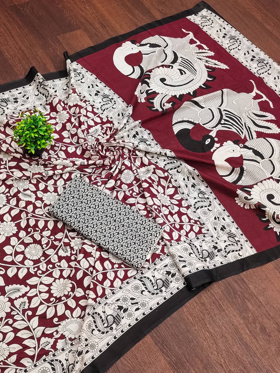 Woman's Kalamkari Hand Block Print Saree with Mulmul Cotton