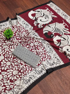 Woman's Kalamkari Hand Block Print Saree with Mulmul Cotton