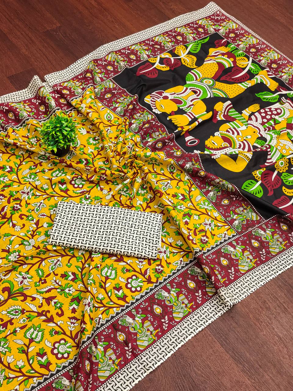 Mulmul Cotton Kalamkari Hand Block Print Saree