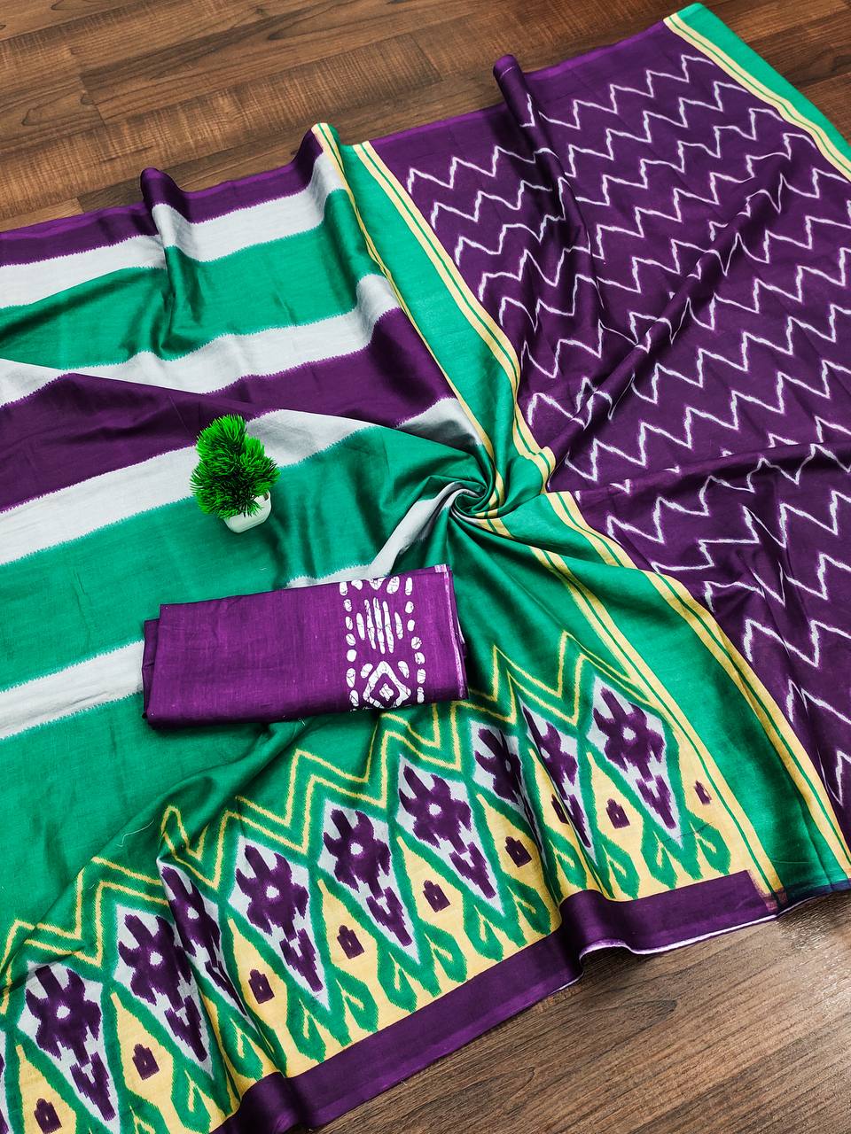 Mulmul Cotton Ikkat Hand Block Print Saree