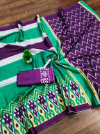 Mulmul Cotton Ikkat Hand Block Print Saree