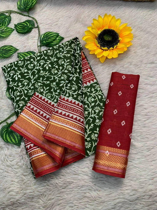 Ajrakh Printed Elegance Mulmul Cotton Zari Border Saree