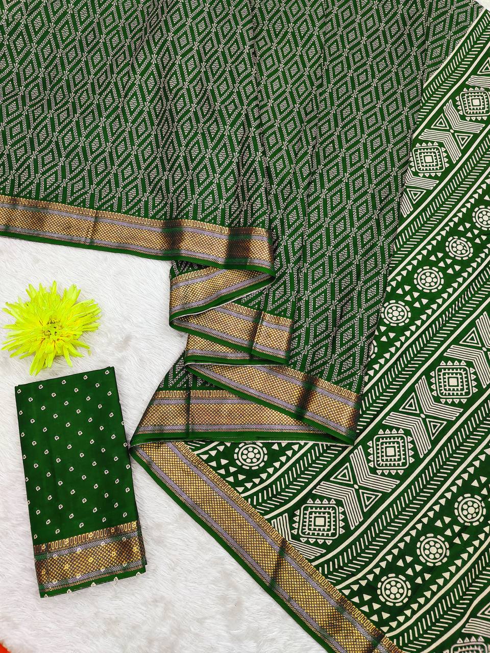 Bandhni Printed Elegance Mulmul Cotton Zari Border Saree