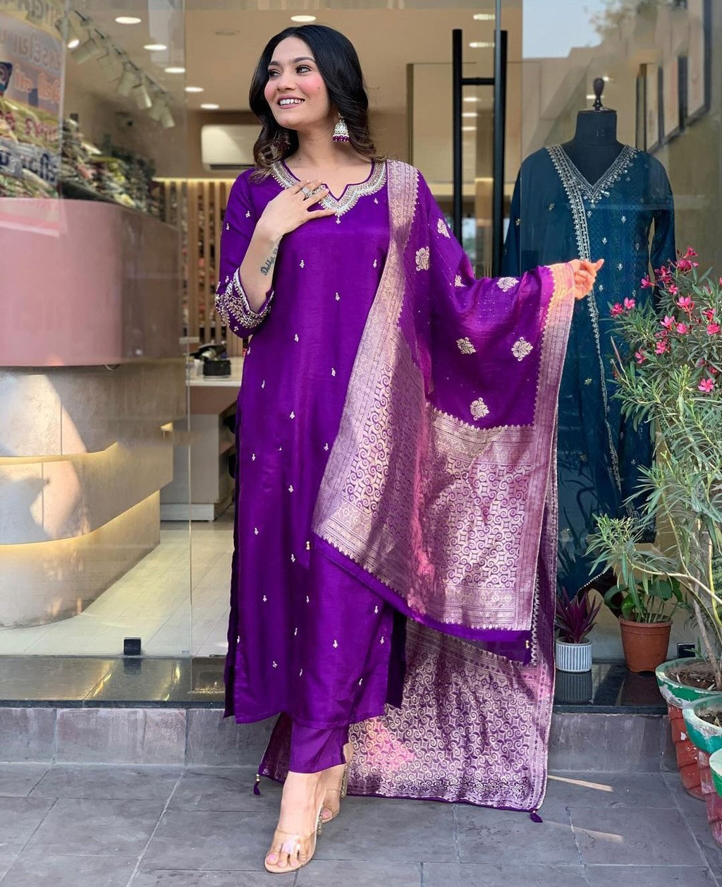 Purple Chinnon Embroidered Kurta with Pant and Dupatta Set